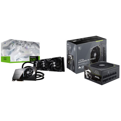 MSI GeForce RTX 5080 Suprim Liquid 16GB GDDR7 Video Card & MAG A1000PLS 1000-Watt PCIE5 ATX 3.1 Power Supply