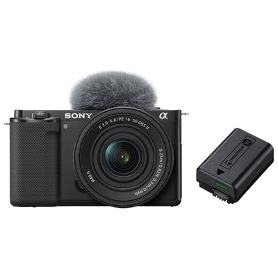 Sony Alpha ZV-E10KB APS-C Interchangeable Lens Mirrorless Vlog Camera with 16-50mm Kit & Extra InfoLithium Battery