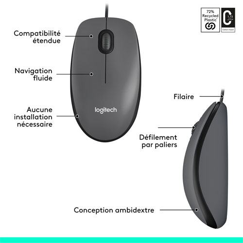 Logitech M100 Wired Optical Ambidextrous Mouse for PC - Charcoal