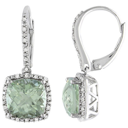 Modern Sterling Silver with Green Cushion-Cut Amethyst & 0.2ctw I3 White Diamond Dangle Earrings