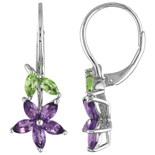Boucles d'oreilles dormeuses en fleur avec améthystes et olivines d'Amour - Violet-vert