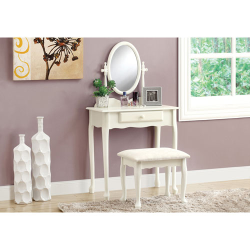 Traditional Vanity Set with Mirror & Stool - Antique White
