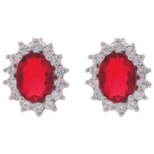 Le Reve Collection Sterling Silver With Red Oval Cubic Zirconia Stud Earrings