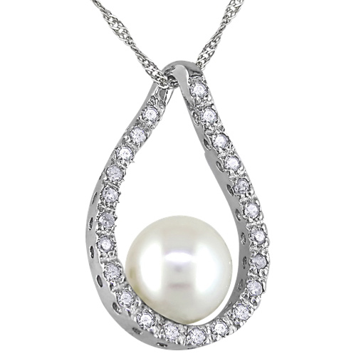 Pearl Pendant in 14K White Gold with 0.005ctw White Diamonds on a 17" 14K White Gold Chain