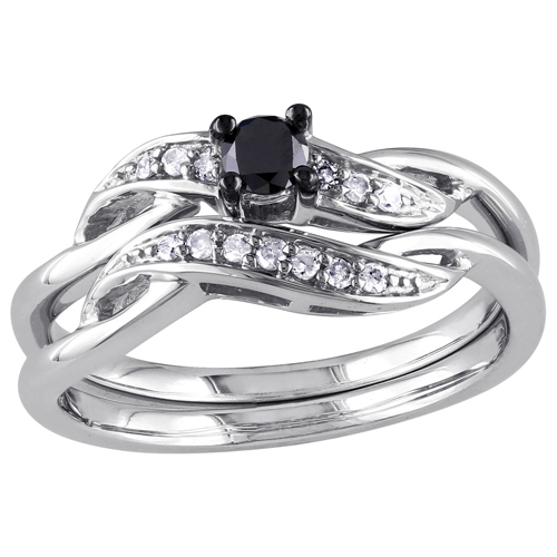 Diamond Bridal Modern Sterling Silver with 0.25ct I3 Black & White Diamond Bridal Ring Set - Size 8