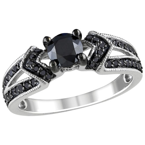 Diamond Bridal Vintage Sterling Silver with 1ctw Black Round Diamond Engagement Ring - Size 6
