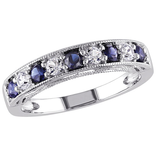 Modern Sterling Silver With Round Blue/White Round Created Sapphire Gemstone Fashion Ring - 6