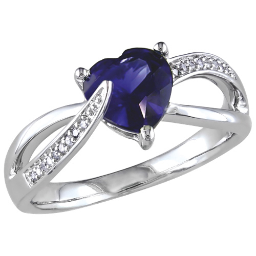 Modern Sterling Silver with Blue Heart Sapphire & 0.051ctw I3 White Diamond Fashion Ring - Size 8