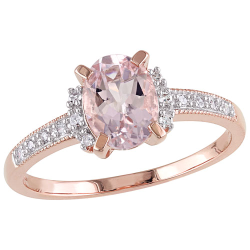 Classic Pink Plated Sterling Silver with Pink Oval Morganite & 0.07ctw White Diamond Ring - Size 6