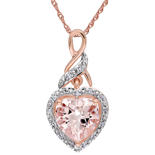 Classic 10K Pink Gold Chain and Heart Pendant with Pink Heart Morganite and 0.06ctw White Diamond