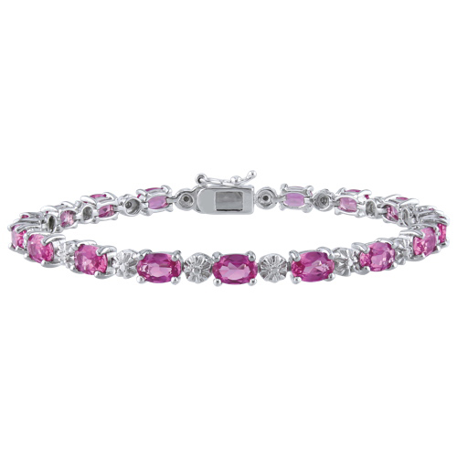 Classic Sterling Silver with Pink Oval Created Sapphire & 0.02ctw I3 White Diamond Tennis Bracelet