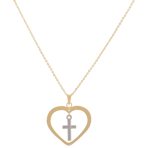 17" Le Reve Yellow Gold 10k Cable Chain Cross/Heart Necklace