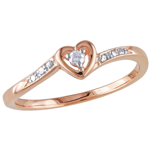 Classic Pink Sterling Silver Heart with 0.03ctw I2-I3 White Round Diamond Fashion Ring - Size 8
