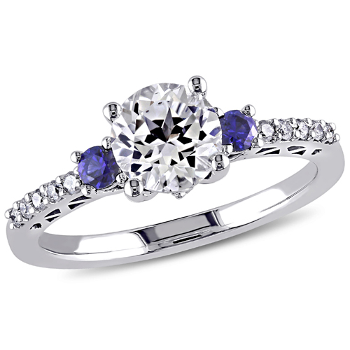 Gemstone Ring in 10K White Gold with White & Blue Created Sapphire and 0.1ctw White Diamonds - Size 7