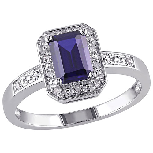 Classic Sterling Silver with Blue Emerald-Cut Sapphire & 0.06ctw I3 White Diamond Ring - Size 7