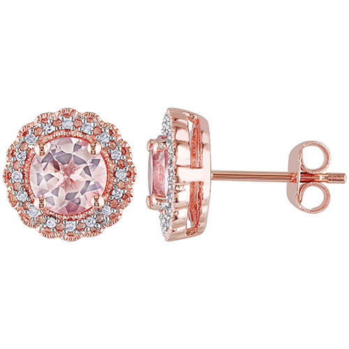 Classic Pink Sterling Silver with Pink Round Morganite and 0.10ctw White Diamond Halo Stud Earrings
