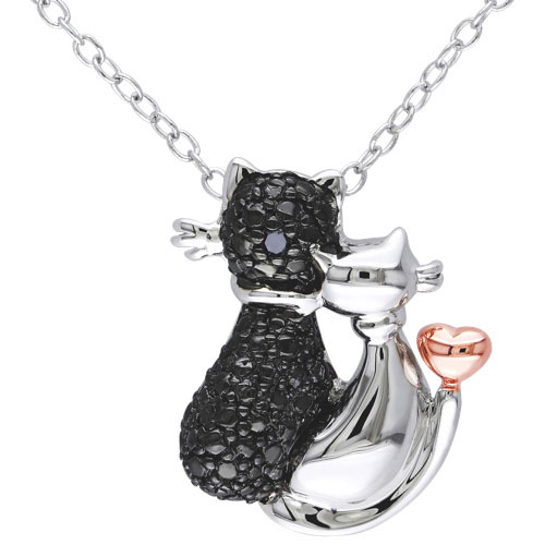Chaîne moderne et pendentif chats en argent sterling avec diamants noirs de 0,01 ct