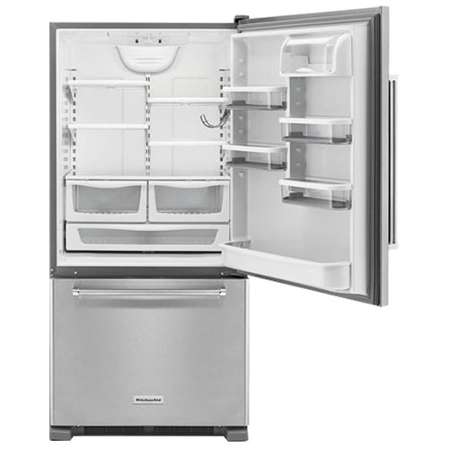 KitchenAid 33" 22.1 Cu. Ft. Bottom Mount Refrigerator with LED Lighting (KRBR102ESS)-Stainless Steel
