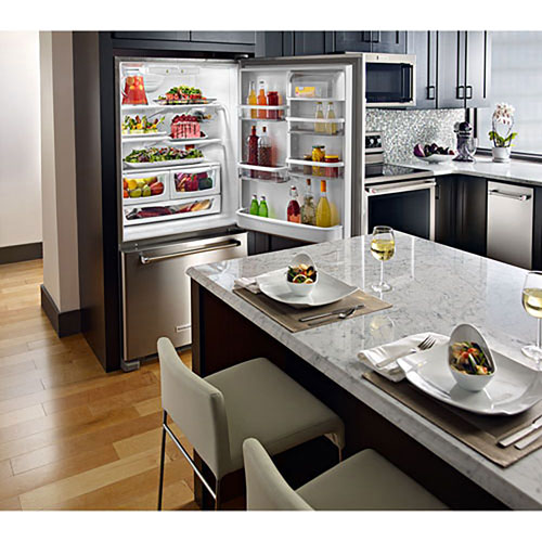 KitchenAid 33" 22.1 Cu. Ft. Bottom Mount Refrigerator with LED Lighting (KRBR102ESS)-Stainless Steel
