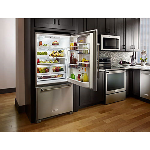 KitchenAid 33" 22.1 Cu. Ft. Bottom Mount Refrigerator with LED Lighting (KRBR102ESS)-Stainless Steel