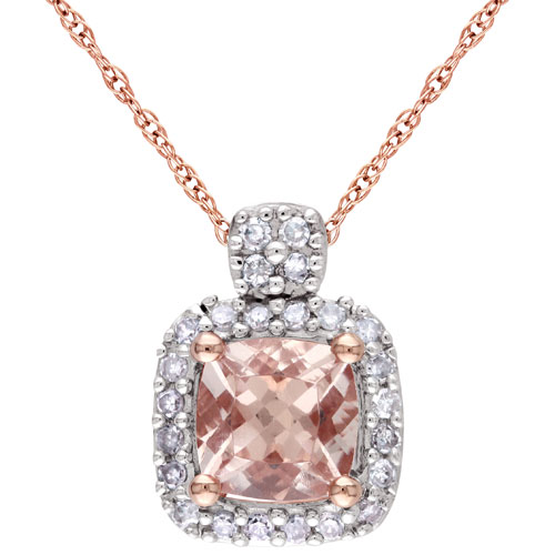 Chaîne or rose 10 carats et pendentif or rose avec morganite rose carrée et diamants 0,16 ct