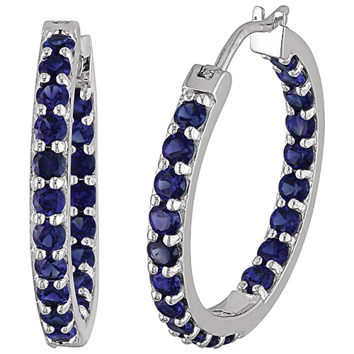 Modern Sterling Silver with Blue Round Sapphire Hoop Earrings
