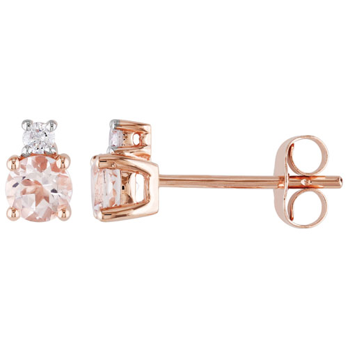 Classic 10K Rose Gold with Pink Round Morganite & White 0.06ctw I2-I7 Diamond Stud Earrings