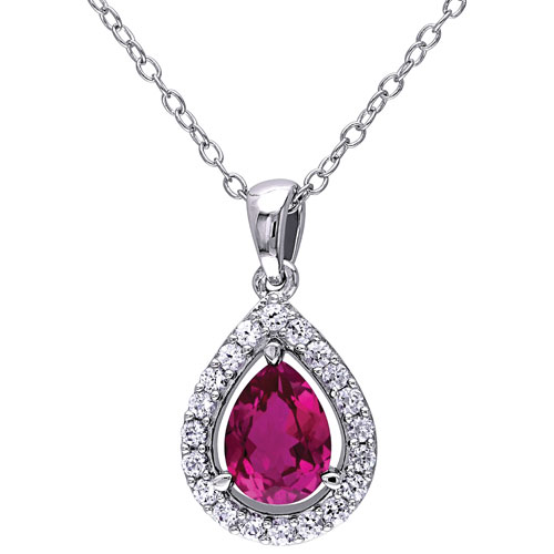 Pear Ruby & Round Sapphire Teardop Pendant Necklace in Sterling Silver