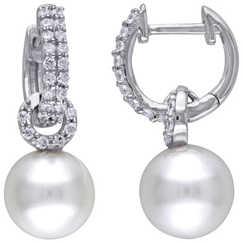 Valentine's Day Sterling Silver with White Round Cubic Zirconia & Freshwater Pearl Dangle Earrings