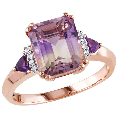 Cocktail Gemstone Ring in Rose-Plated Sterling Silver with Amethyst & 0.04ctw Diamonds - Size 7