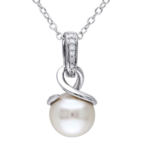 Chaîne 18 po et pendentif argent sterling avec perle d'eau douce blanche avec diamants 0,03 ct