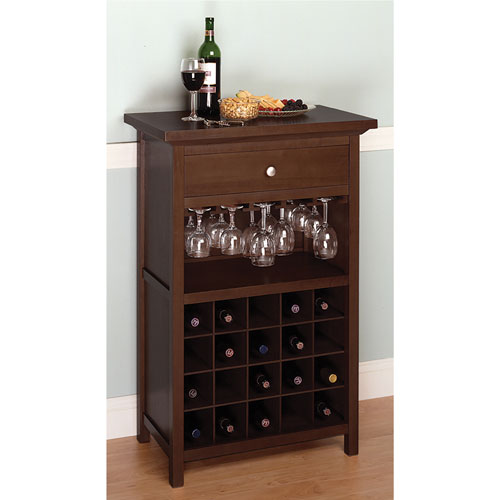 Transitional 20-Bottle Wine Cabinet with Drawer - Antique Walnut