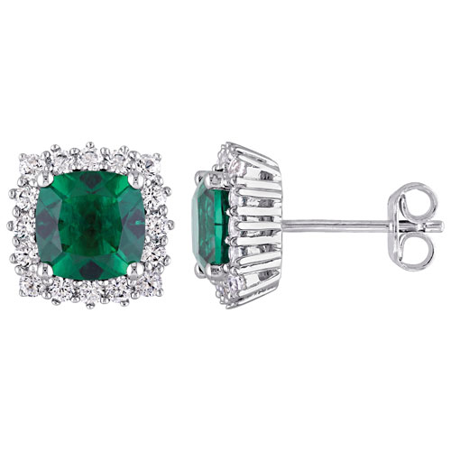 Halo Stud Earrings in Sterling Silver with Green Cushion-Cut Created Emerald & White Sapphires
