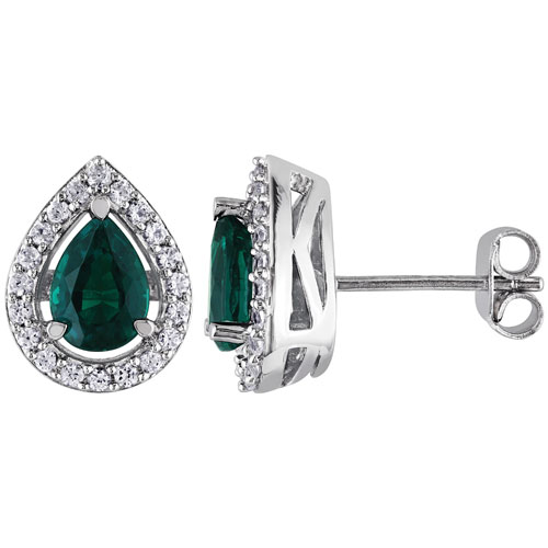 Teardrop Stud Earrings in Sterling Silver with Green Drop Created Emerald & White Sapphires