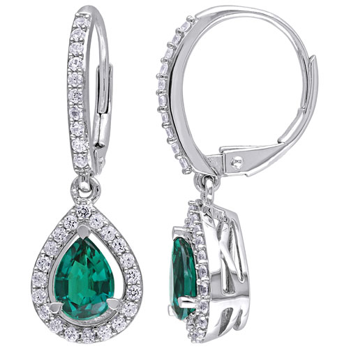 Teardrop Dangle Earrings in Sterling Silver with Green Drop Created Emerald & White Sapphires