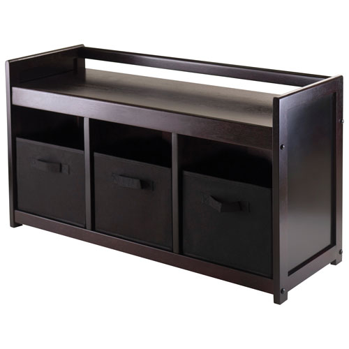 Addison 3-Section Storage Bench with Black Fabric Baskets - Espresso