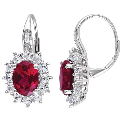 Halo Dangle Earrings in Sterling Silver with Red Oval Created Ruby, 0.04ctw Diamond & Created Sapphire