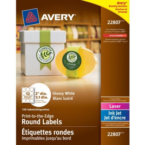 Avery Glossy White Circle Labels, Sure Feed(TM) Technology, Laser/Inkjet Compatible, 2", 120 Glossy Labels (22807)