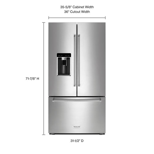 KitchenAid 36" 23.8 Cu. Ft. Counter-Depth French Door Refrigerator with Water & Ice Dispenser (KRFC704FPS) - Stainless Steel