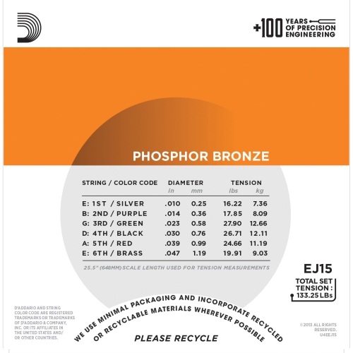 D'Addario EJ15 Phosphor Bronze Acoustic Guitars Strings - Extra Light 10-47