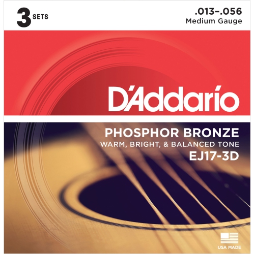 D'Addario EJ17-3D Phosphor Bronze Acoustic Guitar Strings - Medium 13-56 3 Sets