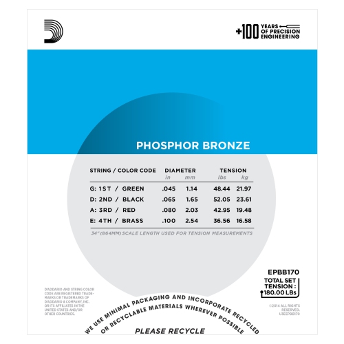 D'Addario EPBB170 Phosphor Bronze Acoustic Bass Guitar Strings - Long 45-100