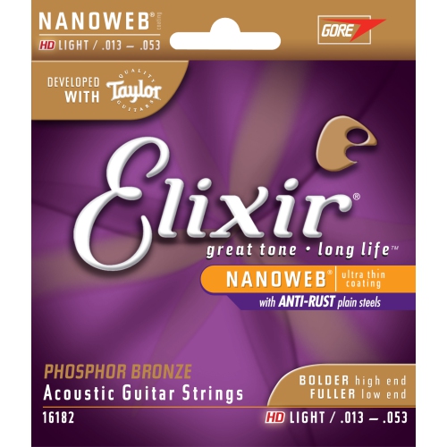 ELIXIR STRINGS  Elixir Nanoweb Phosphor Bronze Acoustic Guitar Strings - HD Light .013 - .053