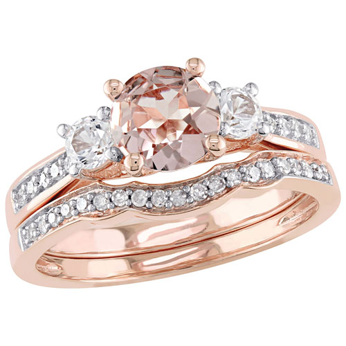 Bridal Ring Set in 10K Rose Gold with White Round Created Sapphire and Round Morganite - Size 6