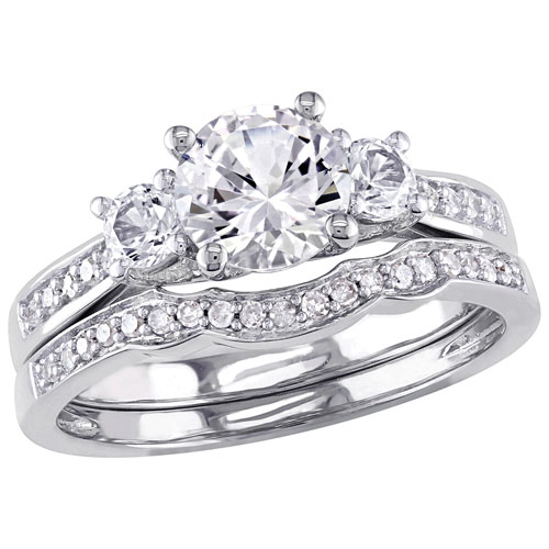 Bridal Ring Set in 10K White Gold with White Round Created Sapphire & 0.14ctw Diamonds - Size 8
