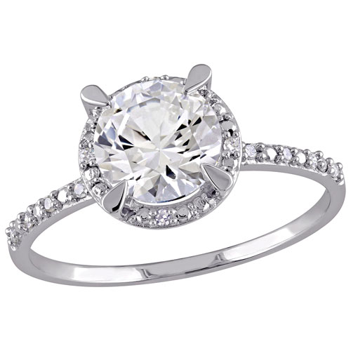 Bridal Halo Ring in White Gold with Round Created Sapphire & 0.048ctw Diamonds - Size 6