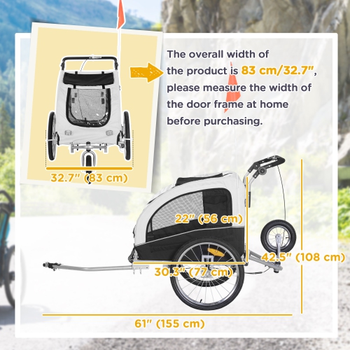 Aosom Dog Bike Trailer 2-In-1 Pet Stroller Cart Bicycle Wagon Cargo Carrier Attachment for Travel with Suspension, Hitch, Storage Pockets, White