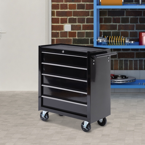 HOMCOM 5 Drawer Steel Rolling Tool Cabinet Wheeled Storage Cart Box, Black, 31"