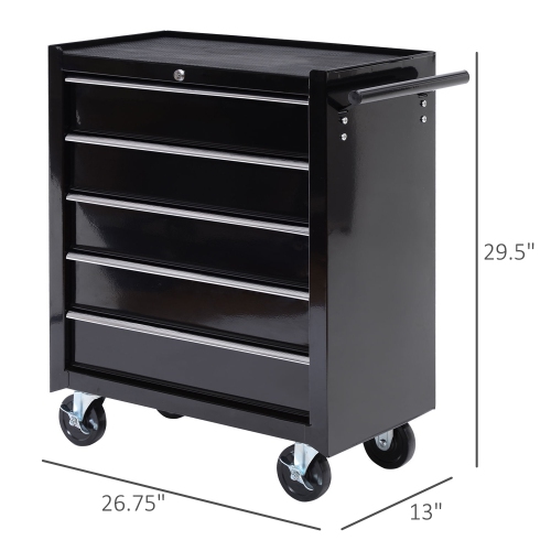HOMCOM 5 Drawer Steel Rolling Tool Cabinet Wheeled Storage Cart Box, Black, 31"