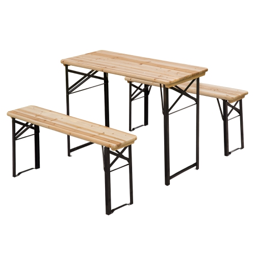 OUTSUNNY  3 Pieces Folding Picnic Table Set, Portable Folding Picnic Table And Benches With Steel Frame for Garden, Park, Natural Wood